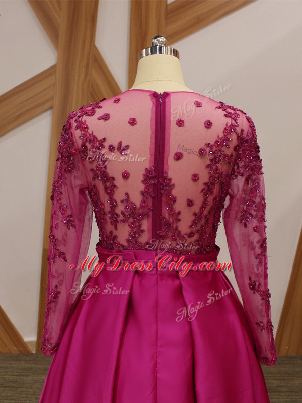 Long Sleeves Floor Length Beading and Appliques and Belt Zipper Mother of the Bride Dress with Fuchsia