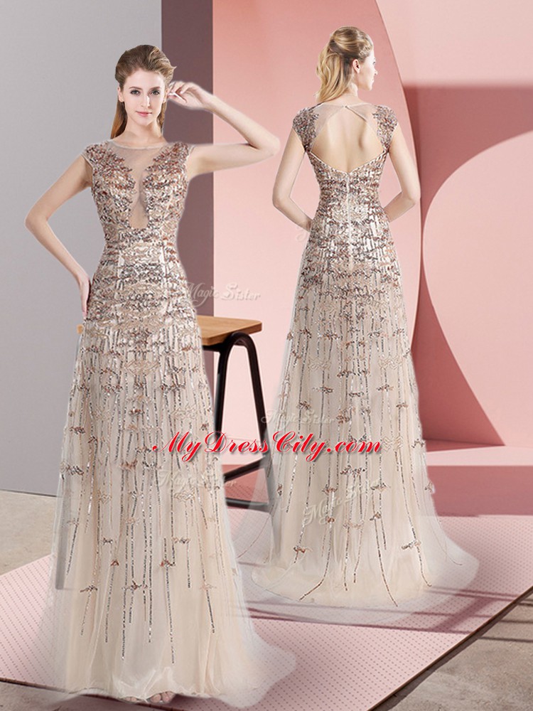 Cute Champagne Sleeveless Tulle Brush Train Zipper Homecoming Dress for Prom and Party and Military Ball