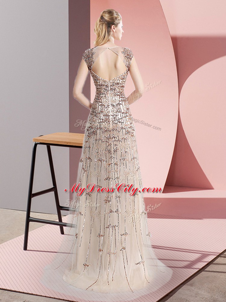 Cute Champagne Sleeveless Tulle Brush Train Zipper Homecoming Dress for Prom and Party and Military Ball