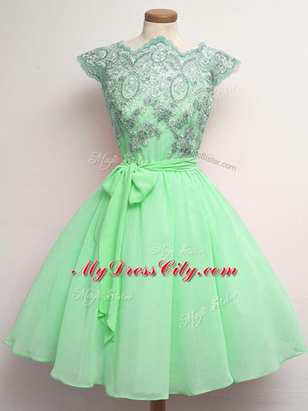 Apple Green Scalloped Lace Up Lace and Belt Dama Dress for Quinceanera Cap Sleeves