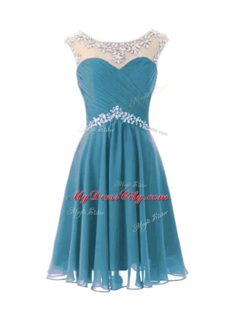 Teal A-line Chiffon Scoop Cap Sleeves Beading Knee Length Zipper Homecoming Dress