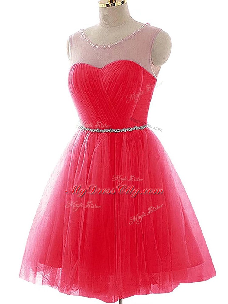 Best Selling Scoop Sleeveless Prom Dresses Mini Length Beading and Ruching Coral Red Tulle