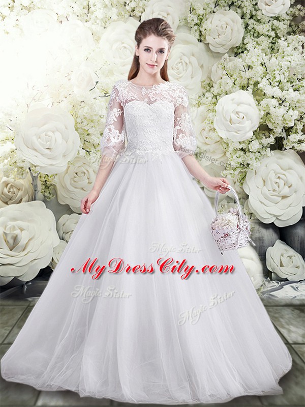 Scoop Half Sleeves Lace Up Wedding Dress White Tulle