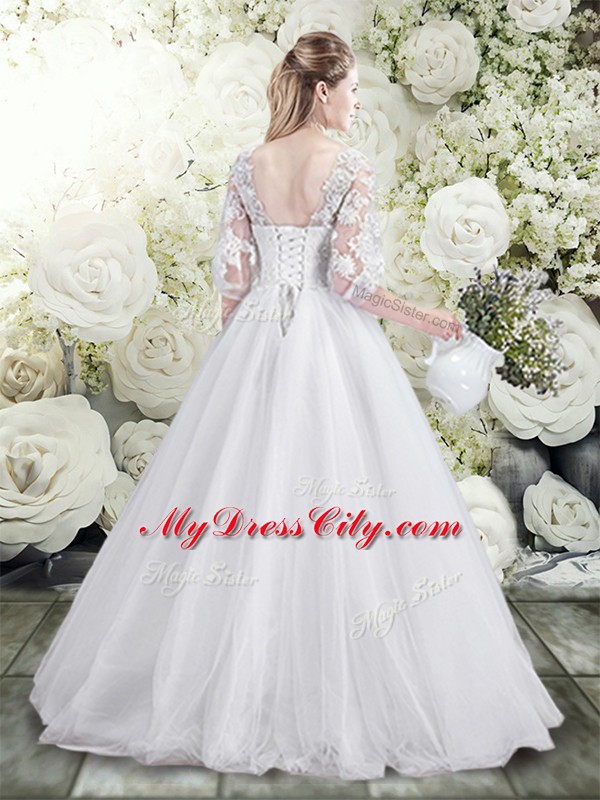 Scoop Half Sleeves Lace Up Wedding Dress White Tulle