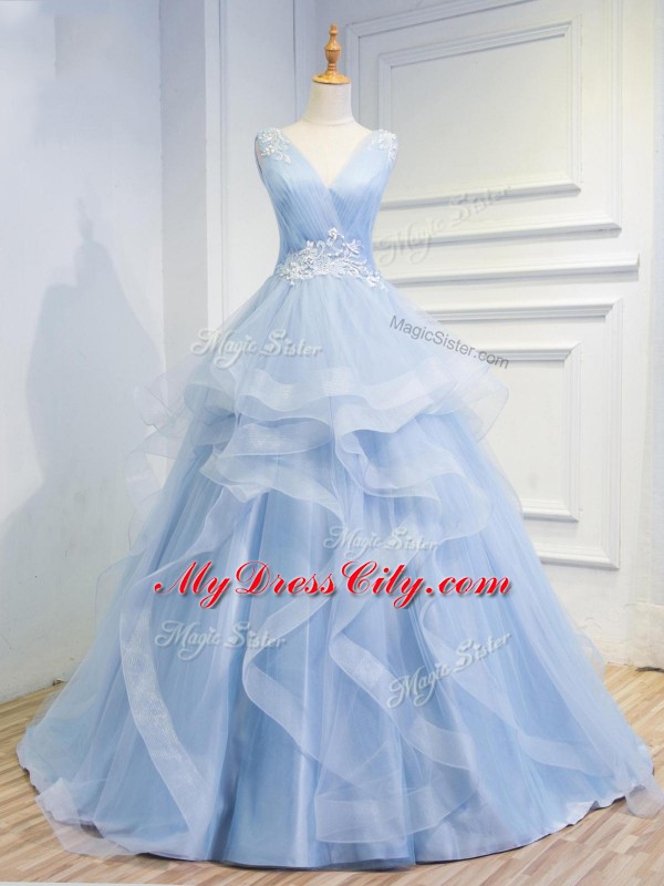 Latest Light Blue V-neck Lace Up Beading and Ruffles Prom Dresses Brush Train Sleeveless