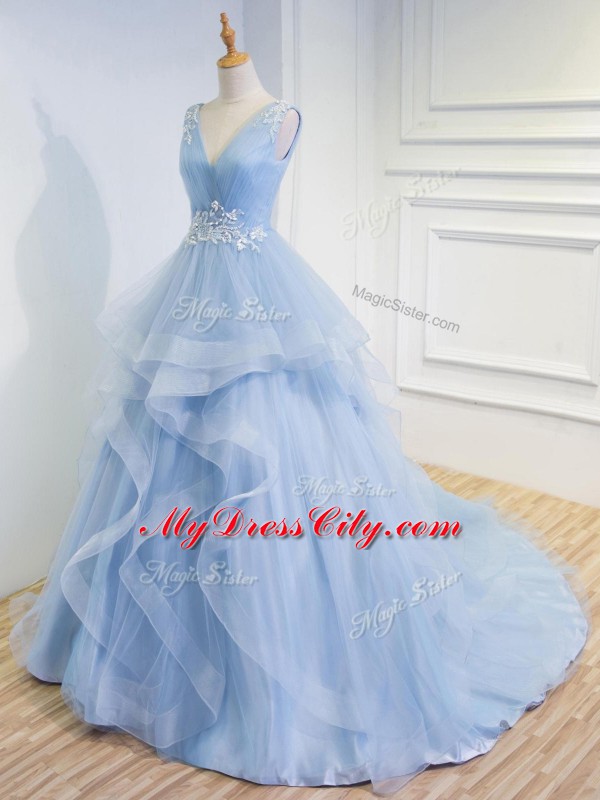 Latest Light Blue V-neck Lace Up Beading and Ruffles Prom Dresses Brush Train Sleeveless