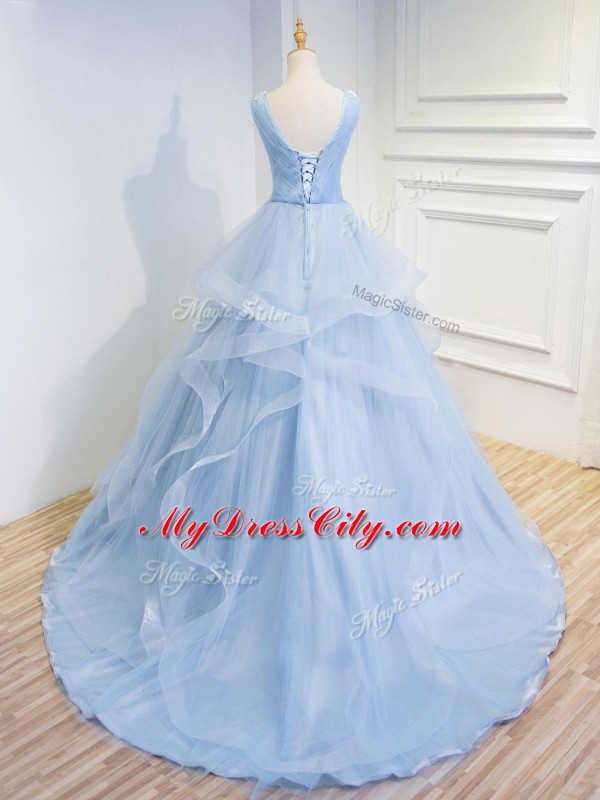 Latest Light Blue V-neck Lace Up Beading and Ruffles Prom Dresses Brush Train Sleeveless