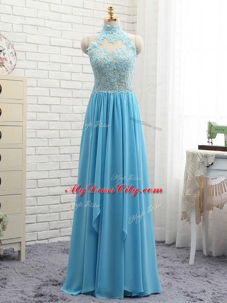 Baby Blue Halter Top Neckline Appliques Prom Gown Sleeveless Backless