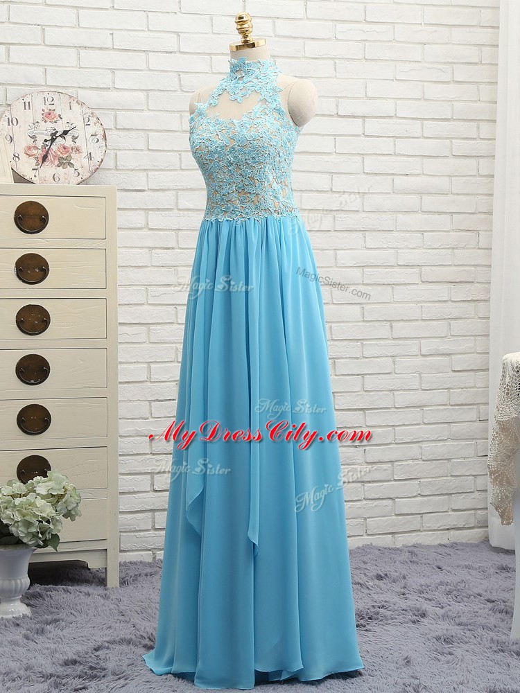 Baby Blue Halter Top Neckline Appliques Prom Gown Sleeveless Backless