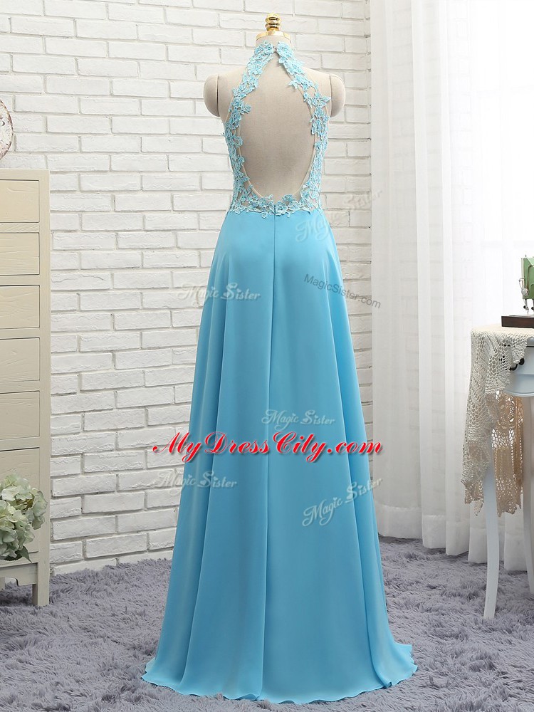 Baby Blue Halter Top Neckline Appliques Prom Gown Sleeveless Backless