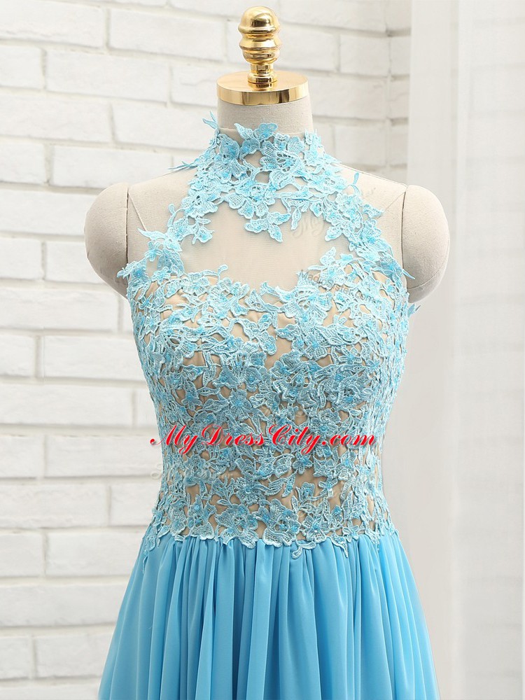 Baby Blue Halter Top Neckline Appliques Prom Gown Sleeveless Backless