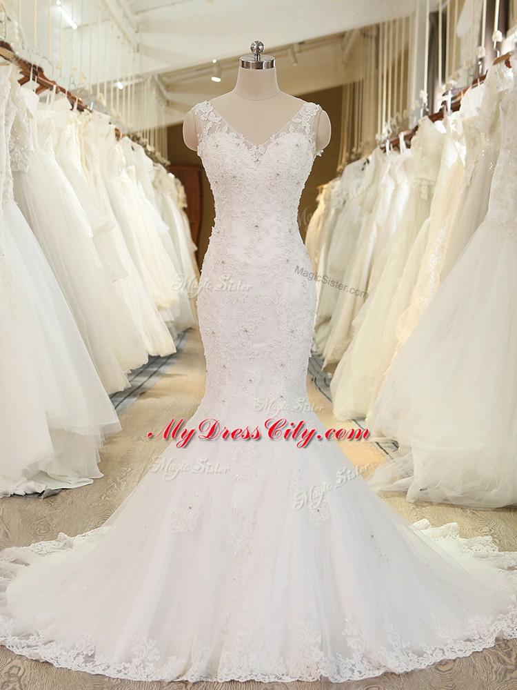 Elegant Tulle Sleeveless Wedding Gowns Brush Train and Beading and Lace and Appliques