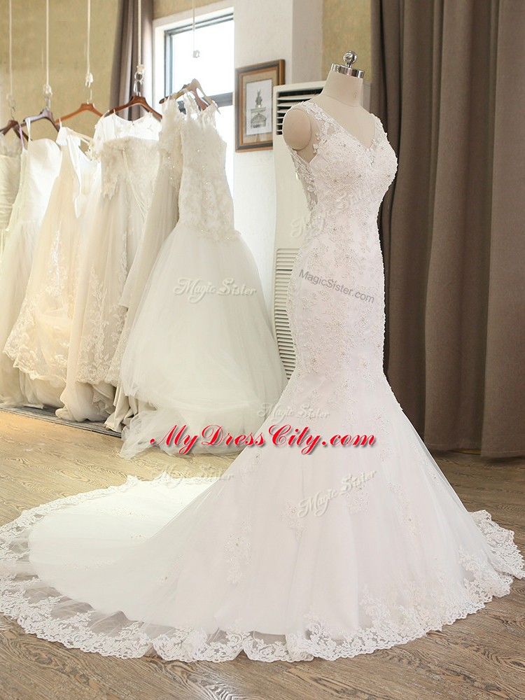 Elegant Tulle Sleeveless Wedding Gowns Brush Train and Beading and Lace and Appliques