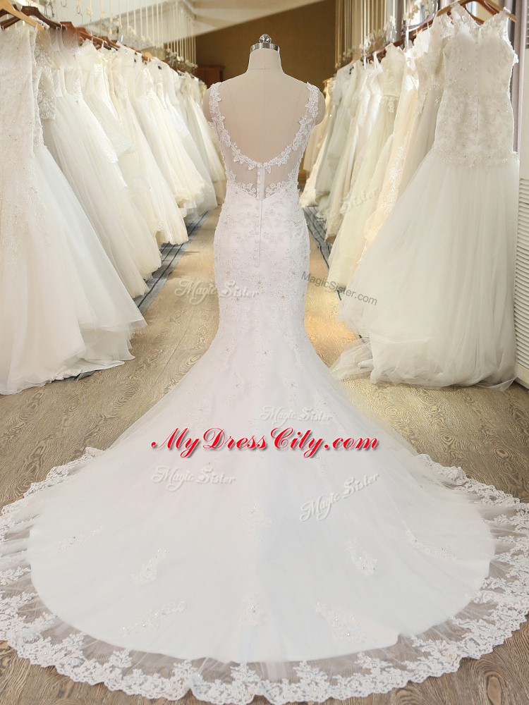 Elegant Tulle Sleeveless Wedding Gowns Brush Train and Beading and Lace and Appliques