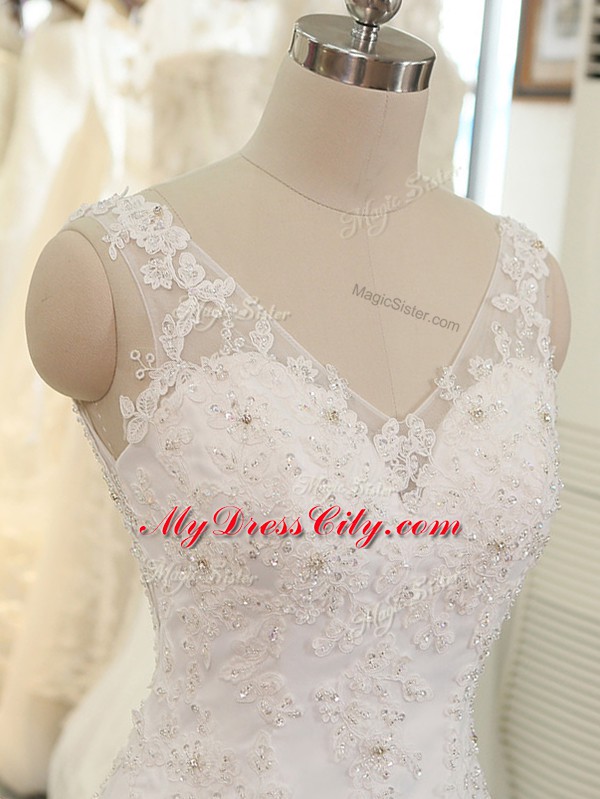 Elegant Tulle Sleeveless Wedding Gowns Brush Train and Beading and Lace and Appliques