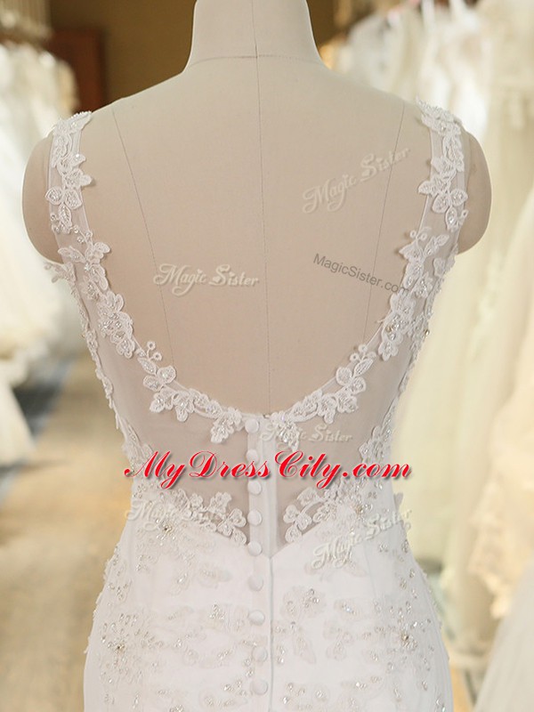 Elegant Tulle Sleeveless Wedding Gowns Brush Train and Beading and Lace and Appliques