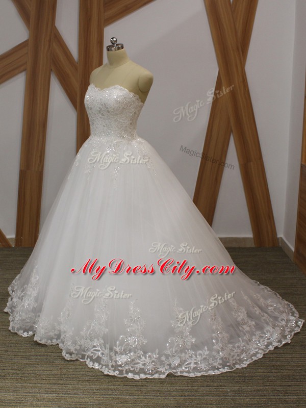 Custom Made White Ball Gowns Lace and Appliques Wedding Gown Lace Up Organza Sleeveless