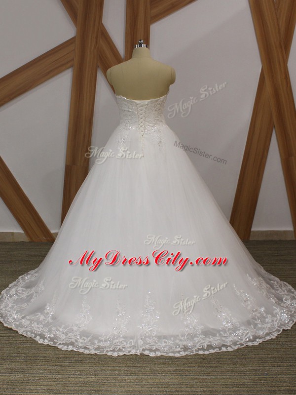 Custom Made White Ball Gowns Lace and Appliques Wedding Gown Lace Up Organza Sleeveless