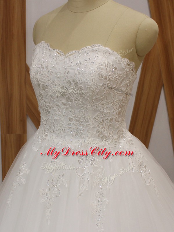 Custom Made White Ball Gowns Lace and Appliques Wedding Gown Lace Up Organza Sleeveless