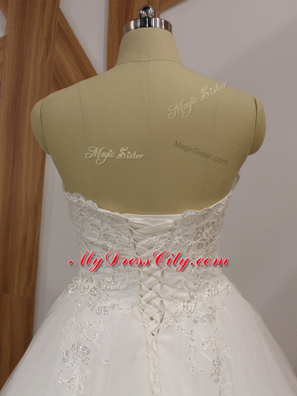 Custom Made White Ball Gowns Lace and Appliques Wedding Gown Lace Up Organza Sleeveless