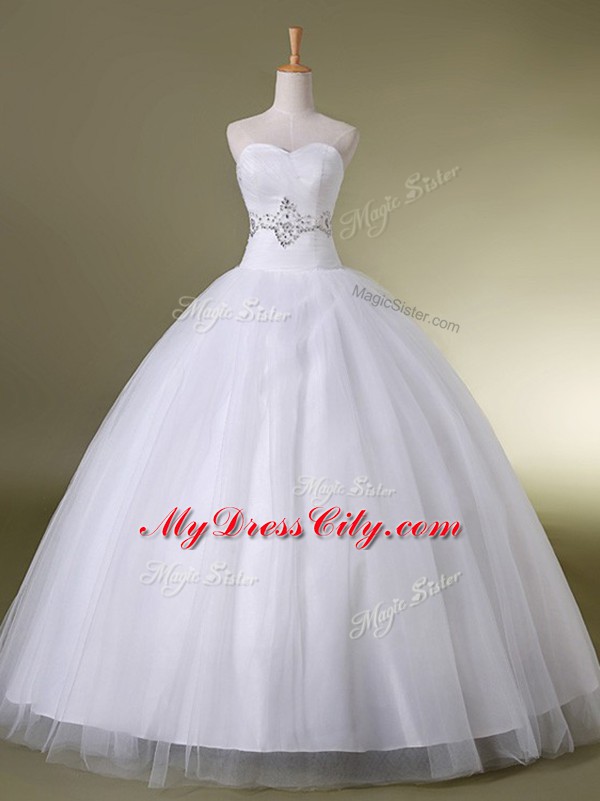 White Ball Gowns Beading Wedding Dresses Lace Up Tulle Sleeveless Floor Length