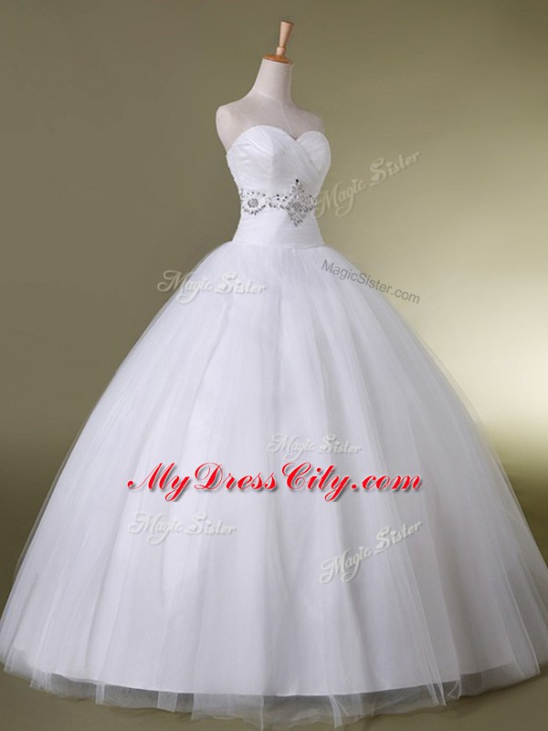 White Ball Gowns Beading Wedding Dresses Lace Up Tulle Sleeveless Floor Length