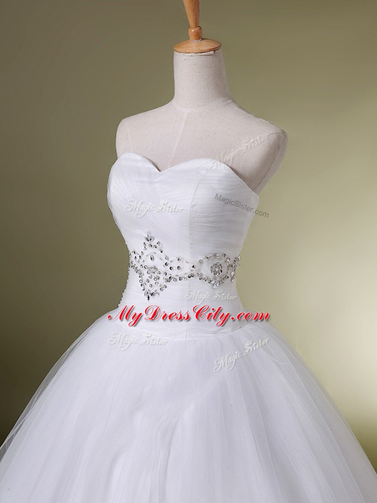 White Ball Gowns Beading Wedding Dresses Lace Up Tulle Sleeveless Floor Length