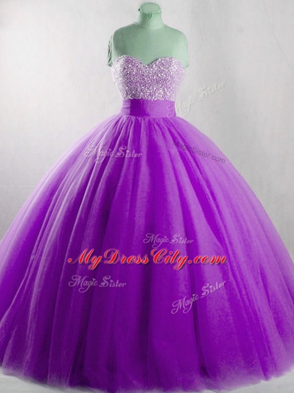 Sweetheart Sleeveless Sweet 16 Dresses Floor Length Beading Eggplant Purple Tulle