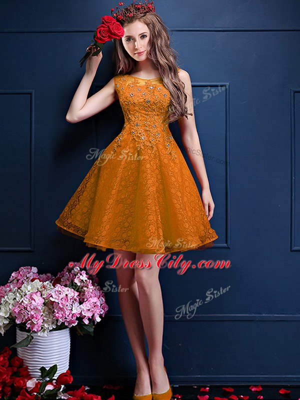 Gold Tulle Lace Up Bateau Sleeveless Knee Length Quinceanera Court of Honor Dress Beading and Lace