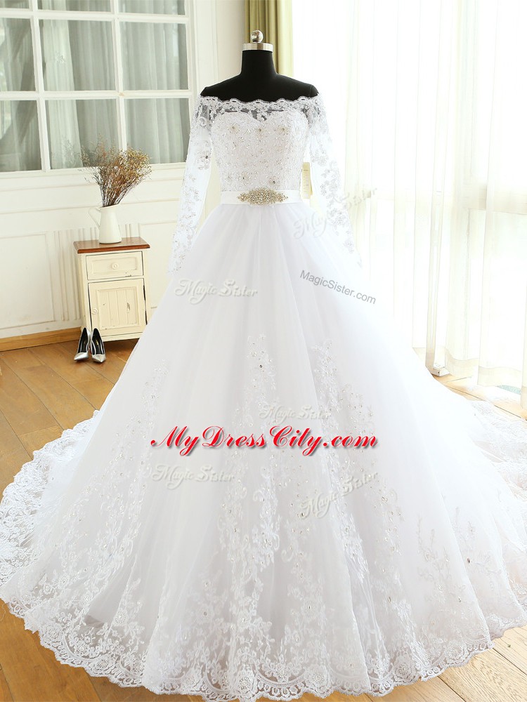 Scalloped Long Sleeves Court Train Zipper Wedding Gowns White Tulle