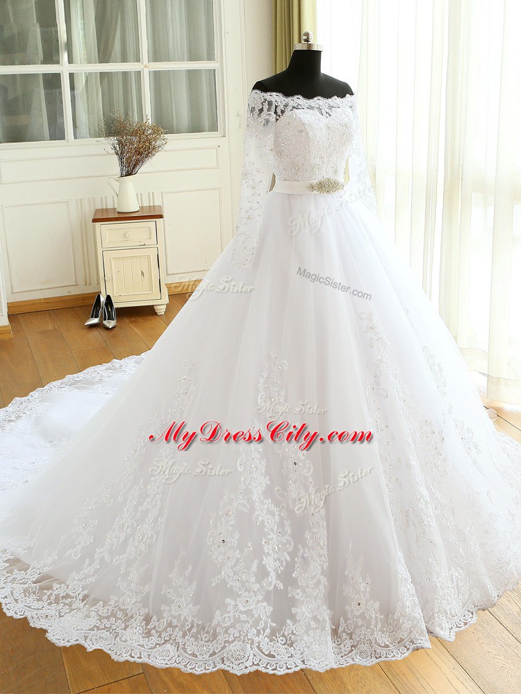 Scalloped Long Sleeves Court Train Zipper Wedding Gowns White Tulle