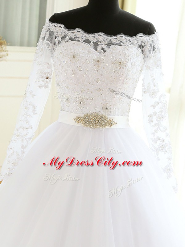 Scalloped Long Sleeves Court Train Zipper Wedding Gowns White Tulle