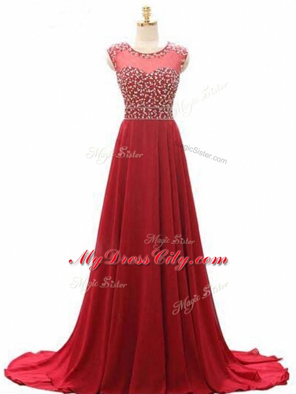 Dazzling Scoop Sleeveless Brush Train Lace Up Dress for Prom Wine Red Chiffon