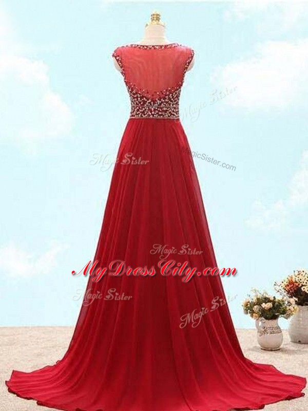 Dazzling Scoop Sleeveless Brush Train Lace Up Dress for Prom Wine Red Chiffon