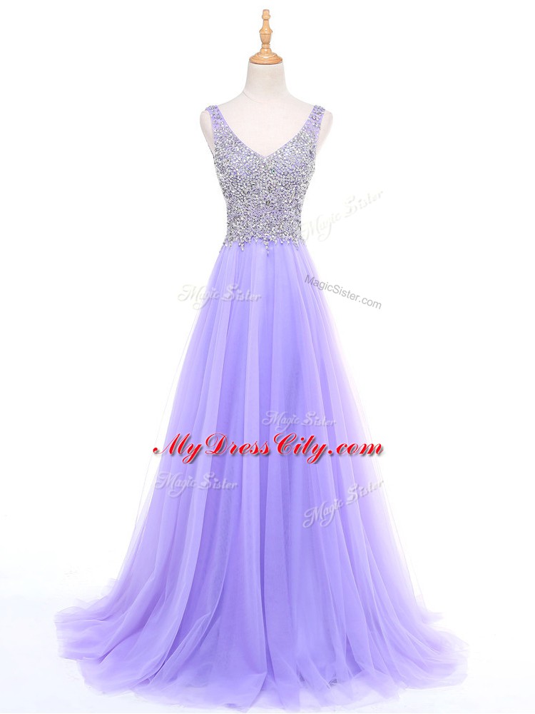 Floor Length Zipper Evening Dresses Lavender for Prom and Military Ball and Sweet 16 and Quinceanera with Beading