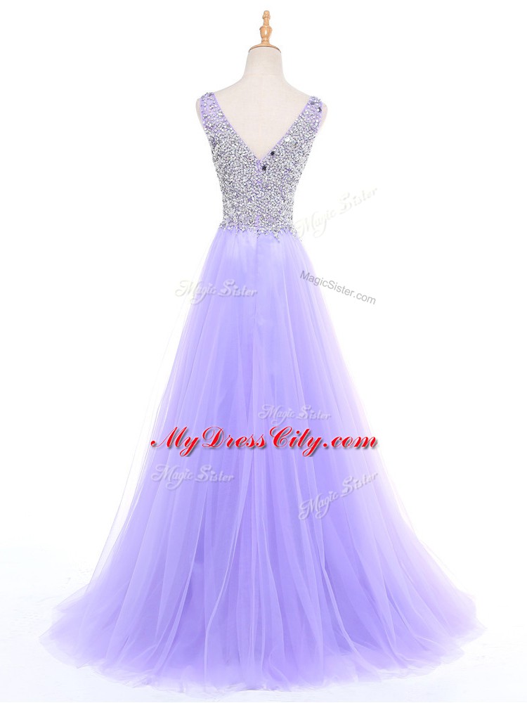 Floor Length Zipper Evening Dresses Lavender for Prom and Military Ball and Sweet 16 and Quinceanera with Beading