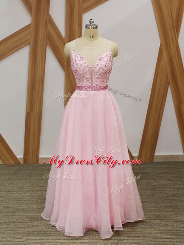 Custom Design Baby Pink V-neck Zipper Beading and Embroidery Party Dress Sleeveless