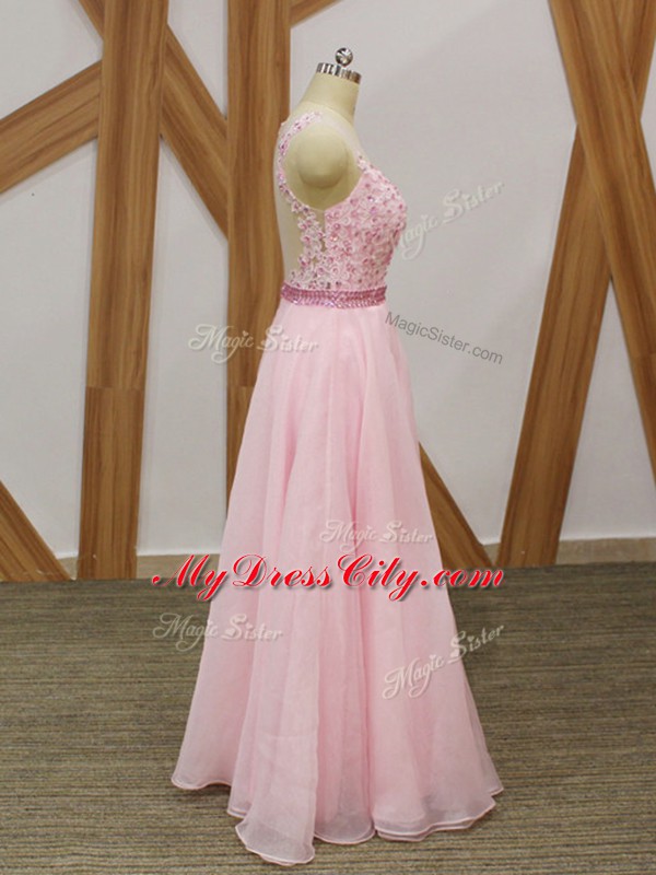 Custom Design Baby Pink V-neck Zipper Beading and Embroidery Party Dress Sleeveless