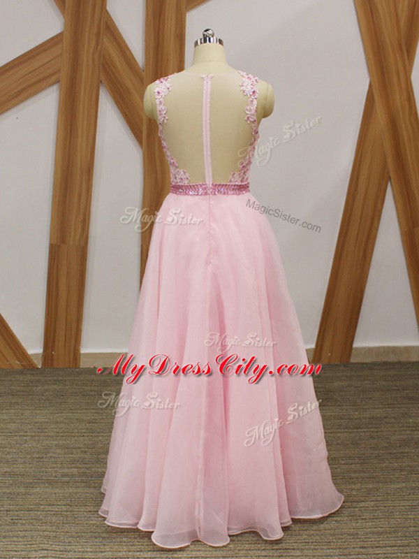 Custom Design Baby Pink V-neck Zipper Beading and Embroidery Party Dress Sleeveless