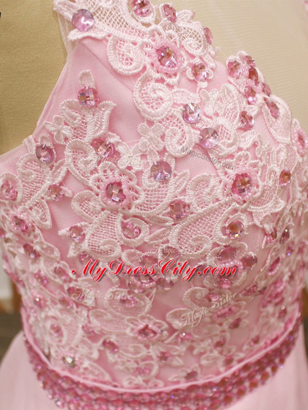 Custom Design Baby Pink V-neck Zipper Beading and Embroidery Party Dress Sleeveless