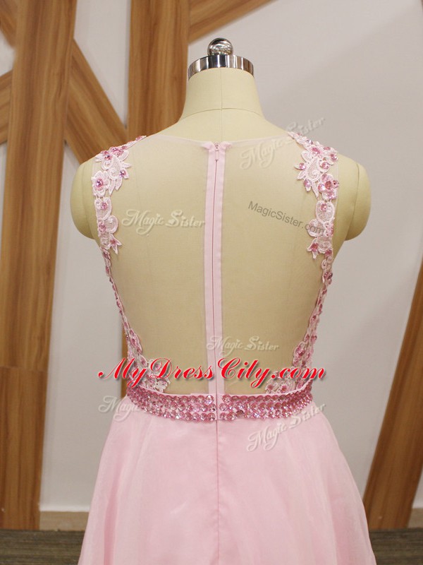 Custom Design Baby Pink V-neck Zipper Beading and Embroidery Party Dress Sleeveless