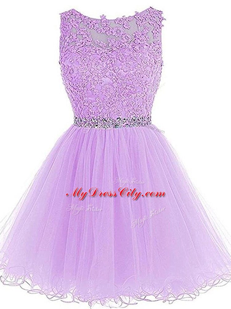 Lavender A-line Tulle Scoop Sleeveless Beading and Lace and Appliques Mini Length Zipper Homecoming Dress