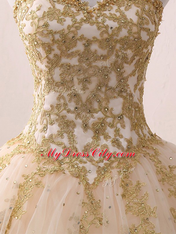 Perfect Champagne Sleeveless Tulle Lace Up Sweet 16 Quinceanera Dress for Prom and Party and Military Ball and Sweet 16 and Quinceanera