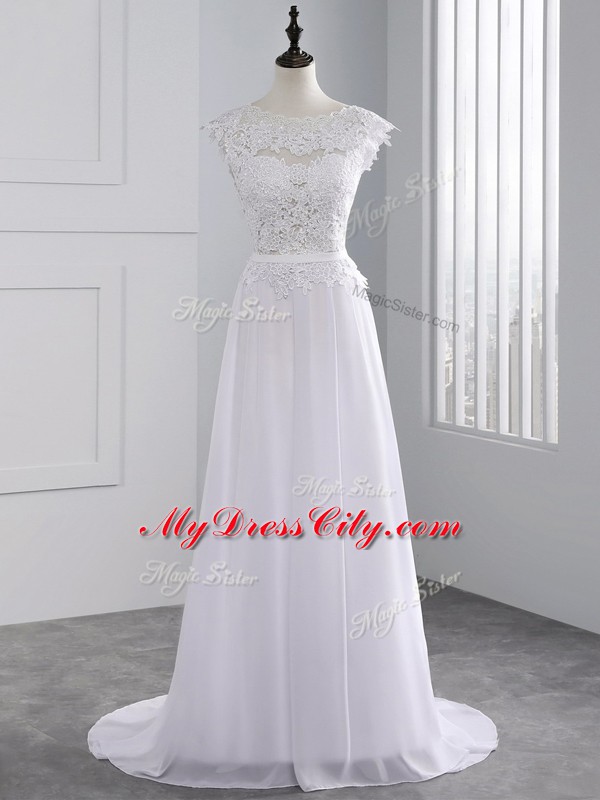 Pretty White Empire Scalloped Cap Sleeves Chiffon Brush Train Backless Lace Wedding Dresses