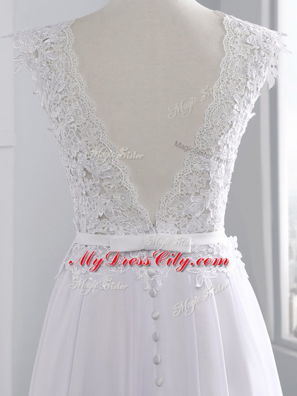 Pretty White Empire Scalloped Cap Sleeves Chiffon Brush Train Backless Lace Wedding Dresses