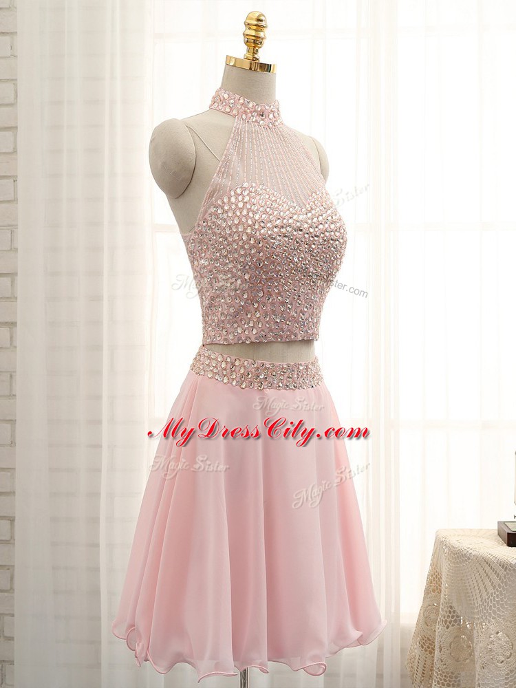 Discount Halter Top Sleeveless Chiffon Evening Dress Beading Zipper