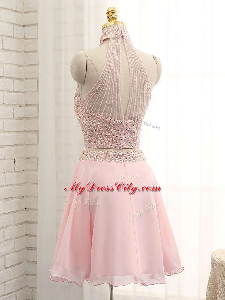 Discount Halter Top Sleeveless Chiffon Evening Dress Beading Zipper