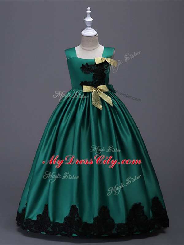 Dark Green Zipper Flower Girl Dresses Appliques and Bowknot Sleeveless Floor Length