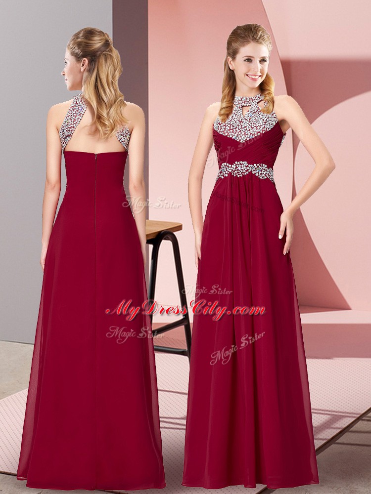 Halter Top Sleeveless Chiffon Evening Dress Beading and Ruching Zipper