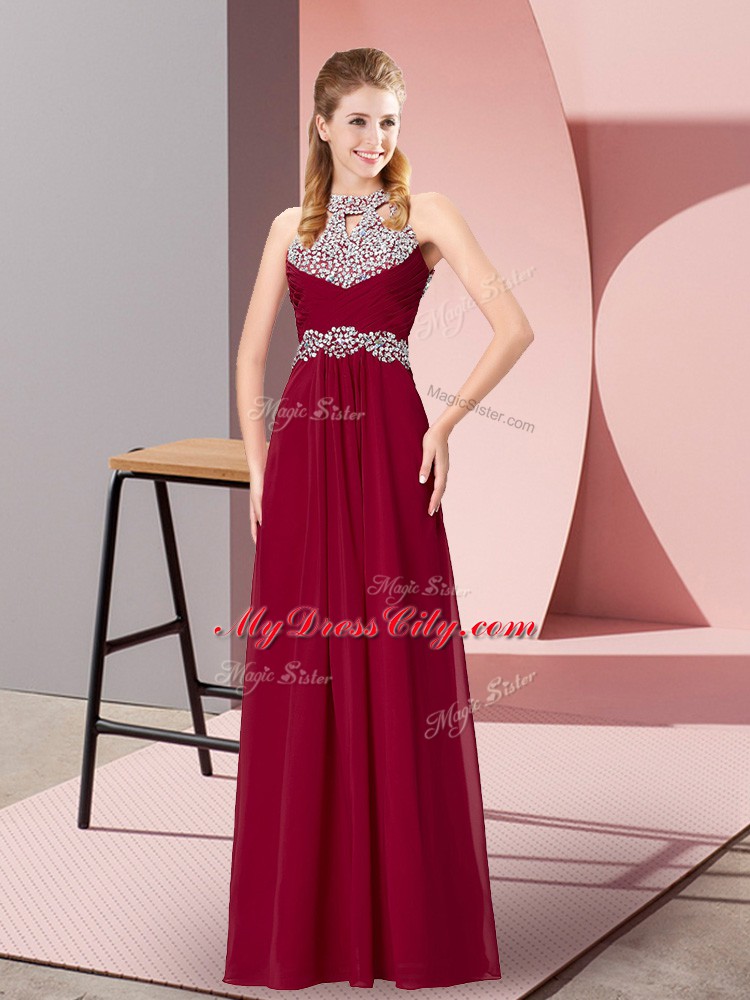 Halter Top Sleeveless Chiffon Evening Dress Beading and Ruching Zipper